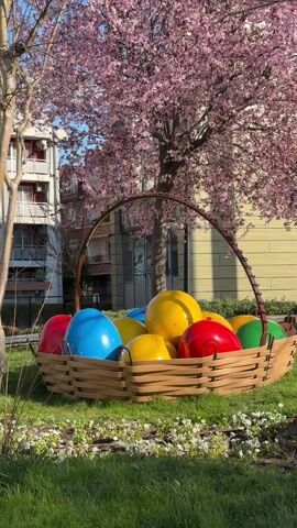 The video shows a large, wooden Easter basket filled with oversized, brightly colored Easter eggs in a grassy area. The eggs are red, blue, yellow, and green. Behind the basket is a blossoming tree with pink flowers, and behind the tree is a building with a yellow exterior. The building has a sign that reads "АРТИУМ" and "център за култура и образование". The camera slowly pans to the right. The weather is sunny.