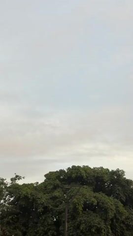 The video shows a time-lapse of a sky with clouds and the sun setting. There is a lamppost on the right side of the screen. In the background, there are buildings and trees. The sky transitions from a pale blue to a warm orange as the sun sets.
