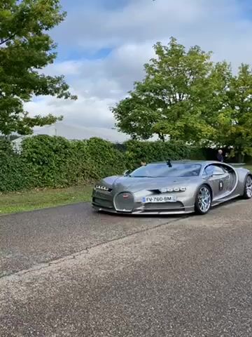 A video pans across a Bugatti Chiron, then across a Bugatti Veyron. Both cars are silver or grey and are parked on a road lined with green hedges and trees. The sky is blue with clouds. An individual is walking in the background near a white tent. Both cars have French license plates.