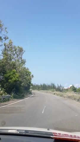 This media file is a video clip showing a first-person perspective of driving on a paved road. The road is mostly empty, with a clear blue sky overhead, suggesting it is daytime and the weather is fair. Lush green trees line the left side of the road, creating a natural, somewhat wild environment. On the right side, the road is bordered by a metal guardrail and sparse vegetation, with a few tall, thin trees in the distance. Further in the background, some low-rise buildings are faintly visible. The road itself appears to be in decent condition, though there are some patched areas and visible white lane markings. The overall impression is one of a scenic drive through a semi-rural or coastal area. There is no visible text in this clip.