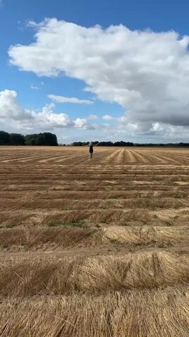 A person is running in a dry, harvested field. The field is covered in rows of golden-brown stubble. The sky above is blue with scattered white clouds. Trees form a line in the distance at the edge of the field. The person is running away from the camera, with their arms outstretched.