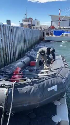 A person in khaki pants and a black hooded top is crouched in a black inflatable boat that is docked at a pier. They appear to be adjusting something near the stern of the boat. A red gas can is visible in the front of the boat. The words "PRINCE EDWARD ISL..." are written on the side of the boat. The pier is made of grey metal posts and has a floating platform. The water is choppy. In the background, there is a building with a red and white striped tower and several other boats. The sky is blue with some white clouds.