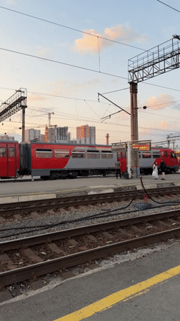 Russian Railways train at Yekaterinburg station during sunset