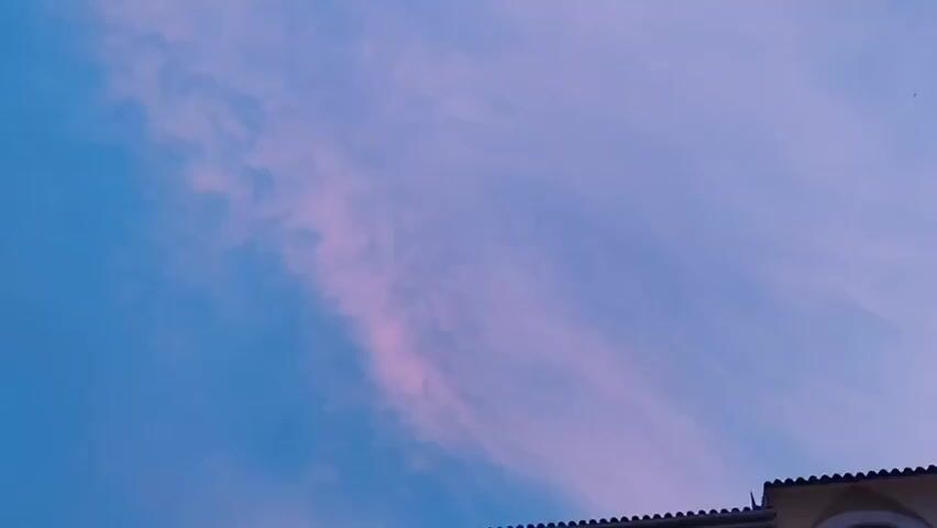 The video pans upwards to show a twilight sky with streaks of pink and purple clouds. The top edges of several buildings are visible along the bottom of the frame. The video is still and silent.