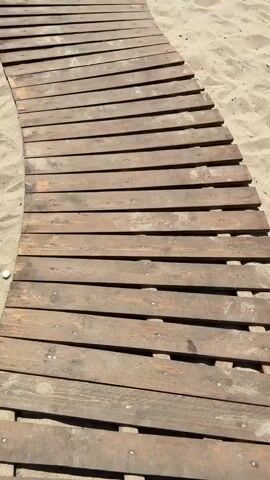 The video shows a wooden pathway winding through a sandy beach. The pathway is made of planks of wood laid side-by-side. In the background, there are beach umbrellas, lounge chairs, and people relaxing on the sand. Palm trees and lush green plants add to the tropical atmosphere. The ocean can be seen in the distance under a clear blue sky. The scene appears to be a beach resort or a popular beach spot.