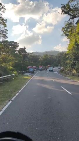 The video shows a road with several cars and vendors selling goods from stalls. The vendors have umbrellas covering their stalls, and some cars are parked nearby. The road is paved, and there is a grassy area on the side. Trees and vegetation line the road, and there are hills in the background. The sky is blue with some clouds, and the sun is shining. The video appears to have been taken from a moving vehicle.
