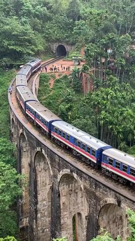 An overhead drone shot captures a long, blue and red passenger train traversing a curved, nine-arch viaduct. The train, composed of multiple carriages, is captured mid-curve as it crosses the stone bridge. Below and to the right of the viaduct, lush green trees, including palm trees, dominate the landscape. To the left and behind the viaduct, dense green foliage covers rolling hills. In the background, a tunnel entrance is visible, with a group of people standing near it. A single person is seen walking on the curved track of the viaduct in the foreground. The sky appears overcast, contributing to the subdued lighting of the scene.