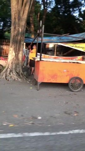 A person in a yellow shirt and dark shorts stands behind an orange food cart. The food cart has a large wheel on the right side and a metal frame on top. Behind the cart, a blue and white canopy covers a food stall. A large tree is to the left of the food cart. The scene appears to be outdoors, possibly on a street or sidewalk, with asphalt and a white line visible in the foreground. Sunlight illuminates the scene, casting shadows.
