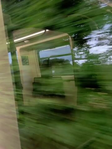 A video shows a blur of green trees and foliage passing by outside a window, suggesting movement. The scene is shot from the perspective of someone inside a moving vehicle, possibly a train, with reflections visible on the glass. The lighting indicates it is daytime, with clouds in the sky.