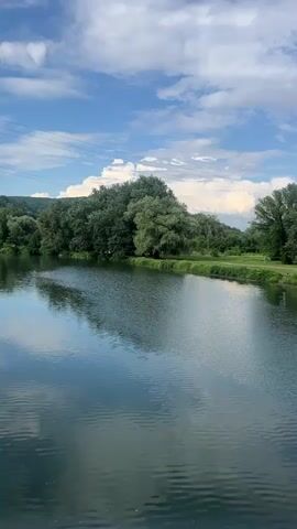 This media file presents a tranquil, static shot of a natural landscape in Kamianytsia, Ukraine. The scene is dominated by a calm body of water, likely a river or a large pond, occupying the foreground and midground. The water's surface beautifully reflects the bright blue sky adorned with scattered white cumulus clouds, creating a mirror-like effect.

On both sides of the water, lush green trees and foliage line the banks, extending into the background where rolling hills covered in dense greenery can be seen. The trees are a mix of different species, with some appearing to be a lighter shade of green, possibly poplars or willows. Power lines stretch across the sky in the upper left portion of the frame, subtly indicating human infrastructure within the natural setting.

The weather appears to be clear and sunny, typical of daytime. There are no people or animals visibly engaged in any activity. The overall mood conveyed is one of peace and serenity, highlighting the natural beauty of the area. No text is visible in the frame.
