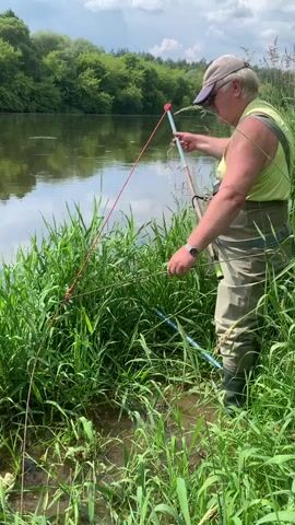 The video captures a person by a river. The person is wearing a cap, a light-colored shirt or vest, and waders. They are holding a fishing rod or a similar tool with a red and blue marker on it, which is extended over the water. Several lines or strings are attached to the tool and extend towards the bank. The river is calm with reflections of the sky and trees. The banks are covered in lush green grass and reeds, with some small yellow flowers visible. The opposite bank is lined with dense trees. The sky is partly cloudy. The camera pans across the scene, focusing on the river and the vegetation.