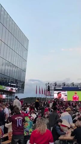 A vertical, outdoor shot shows a large crowd gathered around a big screen displaying a sports broadcast. A modern, glass-fronted building is visible on the left. In the background, a stage with speakers and lights supports the screen, and red flags fly from poles. People are seated at tables and standing, many wearing red. The sky is overcast, and two birds are visible flying high above.