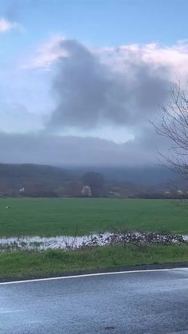 The video shows a rural landscape on a cloudy day. A wet road is in the foreground, with a strip of grass separating it from a green field. The field appears to be partly flooded. In the distance, a line of trees leads to a hill. The sky is overcast with a mixture of dark and light clouds. Several birds, possibly white storks, are visible in the field. There is no visible human presence.