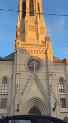 Tourist documents St. Stanislaus Church area in Saint Petersburg
