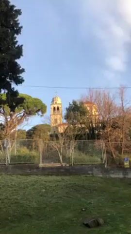 The video shows a church tower with a golden dome and cross on top, partially obscured by trees and a wire fence. The tower is light-colored with arched openings and appears to be made of stone or stucco. The sky is a clear blue with some light clouds. The foreground consists of a grassy area with a low concrete wall and the wire fence. The overall scene is peaceful and serene. Church bells are ringing.