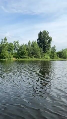 The video shows a first-person perspective of someone on a paddleboard or similar watercraft. The water is dark and rippling, with reflections of the sky and trees. The shoreline is lined with lush green trees, including some tall, dark green evergreen trees and lighter green deciduous trees. The sky is partly cloudy with blue patches visible. In the foreground, the tip of a paddleboard with a colorful design is visible. The paddleboard appears to be moving, as evidenced by the choppy water. The environment suggests a natural, outdoor setting, likely a lake or a slow-moving river, during daylight hours.
