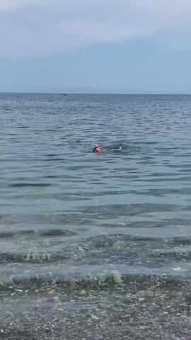 The video shows a person snorkeling in the ocean near a pebbly beach. The water is clear, and the sky is cloudy. The person is wearing a snorkel and mask and appears to be swimming freestyle. In the distance, there are a few small boats on the water and mountains on the horizon. The overall scene depicts a calm, recreational moment at the beach.