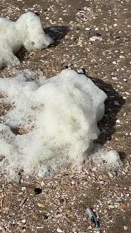 The video shows a close-up of sea foam on a sandy beach. The foam is white and bubbly, and it is spread across the sand, which is littered with small shells and pebbles. The sunlight is casting shadows on the foam and the sand, suggesting it is a sunny day. The camera is held steady, and the focus is on the foam and its texture. There are no people or animals visible in the video. The environment appears to be a typical beach scene.