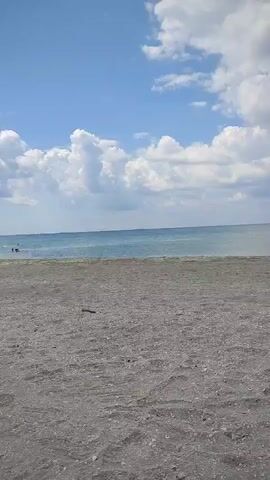 The video is a stationary, medium shot of a beach on a sunny day. In the foreground, there is gray sand with visible shell fragments and tire tracks. In the midground, there is a calm, blue ocean with a thin white line of waves meeting the shore. In the background, there is a clear blue sky with scattered, puffy white clouds. Two people are visible in the water on inflatable tubes. One person is lying on their stomach on a blue tube, and another person is sitting on a red tube.