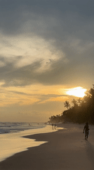Families gather at Sri Lankan beach during golden sunset