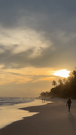 Families gather at Sri Lankan beach during golden sunset