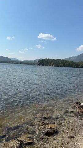 A vertical video shows a calm body of water under a clear blue sky with scattered white clouds. The foreground consists of a shallow shoreline with rocks and sand, and the water clarity allows the seabed to be visible. In the midground and background, a vast expanse of water stretches to a distant treeline and rolling hills under the bright sun. The overall scene depicts a serene natural landscape, likely a lake or large river on a clear day.