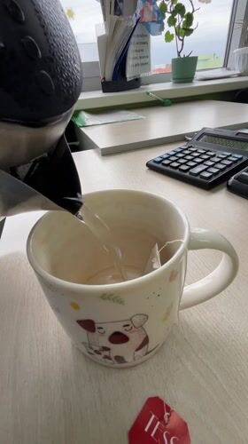 Morning tea preparation observed in Klin, Russia workplace setting