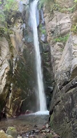 The video shows a tall, narrow waterfall cascading down a rocky cliff face. The rocks are covered in moss and vegetation, suggesting a damp and shaded environment. The water is a bright white, indicating it is moving quickly and creating a mist at the bottom where it collects in a pool. The surrounding trees are lush and green, with sunlight filtering through the canopy, highlighting the natural beauty of the scene. The overall impression is one of a serene and untouched natural landscape.