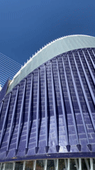 Modern building with blue facade filmed in Valencia