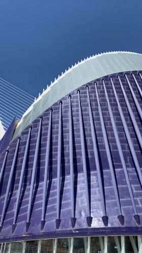 Modern building with blue facade filmed in Valencia