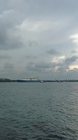 The video shows a large blue and white vessel, likely a cargo ship, sailing on a body of water. The sky is overcast with grey clouds, and the water is slightly choppy. Two smaller red tugboats are escorting the larger vessel. In the distance, on the horizon, a cityscape with industrial structures and smokestacks is visible.