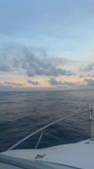 Person aboard boat travels ocean waters under overcast skies