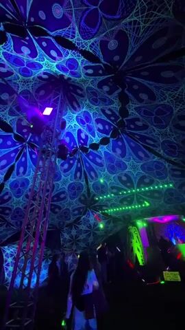 The video shows an indoor event space with a large, intricately patterned fabric ceiling illuminated with vibrant blue and green lights. The ceiling features a fractal design of stylized floral or mandala shapes with geometric overlays. Several people are visible in the dimly lit space, some walking and others standing. In the background, a stage area is lit with bright green and purple lights, and a DJ booth with equipment is visible. There are also metal truss structures supporting lights and sound equipment. The overall atmosphere appears to be that of a music event or festival.