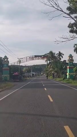 A drone-like shot travels down a paved road that passes under an archway. The archway has text on it that appears to be in an Asian language. On either side of the road are green and white structures with domed tops, resembling minarets. Palm trees and other foliage line the sides of the road. A few vehicles are visible on the road, including a truck and a motorcycle. The sky is overcast.