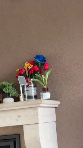 A vase of artificial flowers sits on a mantelpiece in front of a textured brown wall. The bouquet contains a prominent blue rose, several red tulips, and other red and yellow flowers. To the left of the vase is a small green plant in a white pot. To the right of the vase is a clear glass diffuser with reeds. A white phone stand is also visible in front of the vase. The mantelpiece appears to be made of light-colored stone. The overall scene is static, with no activity taking place. There is no discernible time of day or weather information, nor are there any strong emotional cues. The location is identified as Veghel, Netherlands, but this context is not visually evident from the image itself. There is no visible text in the media file.