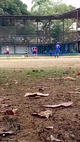 This is a video of a baseball game. The foreground shows a dirt infield with some scattered leaves. In the background, there is a baseball field with players on it. There are also bleachers with spectators sitting in them. The game appears to be in progress, with players actively engaged in the game.
