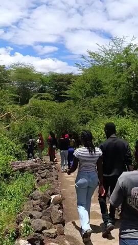 Here's a concise description of the video:

The video shows a group of people walking on a narrow, rocky path through a green, wooded area. The sky is partly cloudy. The camera follows behind the group, capturing them from the back as they proceed along the path. The group consists of both men and women dressed in casual clothing. Vegetation is abundant along both sides of the path.