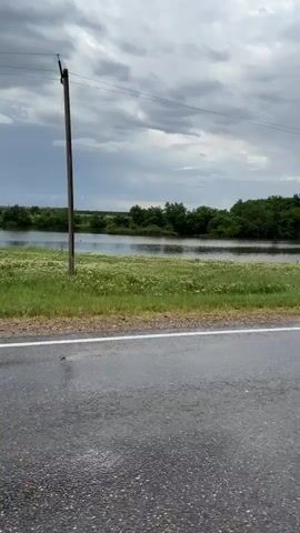 This video showcases a scenic view of a body of water, likely a lake or river, under a cloudy sky. The water is calm, reflecting the overcast conditions. In the foreground, a wet asphalt road with a white line marking suggests recent rain. A patch of green grass dotted with white wildflowers borders the road and leads down to the water's edge. Beyond the water, a dense line of green trees forms a natural backdrop. A tall, light-colored utility pole stands to the right, with a red arrow symbol and some red markings on it. The overall atmosphere is serene and natural, with the wet road and cloudy sky indicating a possibility of rain or recent rainfall. The time of day appears to be daytime, given the natural light. There is no visible text in the video, other than the red markings on the utility pole which are not decipherable. The scene is set in a rural or semi-rural environment.