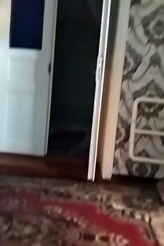 The video shows the interior of a room with patterned wallpaper. A white door is open, revealing a dark space beyond. Another white door, partially open, is visible to the right. The lighting suggests it is daytime, with light streaming in from the right side of the frame. The floor is covered with a rug. The camera movement is slightly shaky. The overall impression is of a casual, home environment.