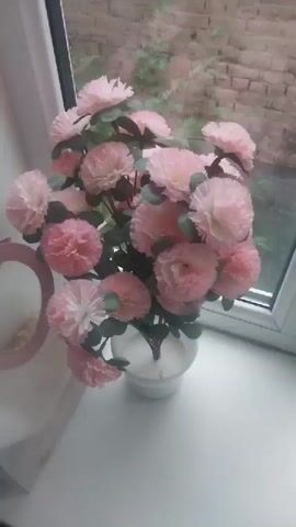 A video shows a close-up of a windowsill where several bouquets of artificial flowers are placed. The first bouquet, on the left, contains pink carnations. To the right of it, a bouquet of pale blue roses is visible, partially wrapped in white paper. Further to the right, a bouquet of white daisies with yellow centers sits next to the blue roses. The windowsill is white, and behind the flowers, a window reveals an outdoor scene with greenery and a brick wall.