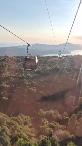 A cable car ascends over a lush, green forested hillside. The cable car is dark in color and appears to have windows. In the distance, mountains rise against a sky with a bright sun. The sun's rays are casting a lens flare effect. The water body is visible in the distance, reflecting the sunlight. The trees are dense and cover the terrain extensively. The cable car is moving upwards, as indicated by the perspective and the angle of the cables. The scene is bathed in the warm light of the sun, possibly indicating sunrise or sunset.