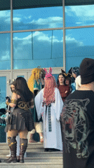 Cosplayers gather on building steps in Krasnoyarsk