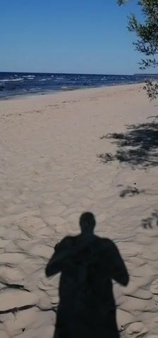 A video shows a person's shadow cast on a sandy beach. The shadow is in the foreground and appears to be that of a person standing. The beach stretches out behind the shadow, with the ocean visible in the distance. The water is a deep blue and appears to be choppy, with small waves breaking on the shore. The sky is a clear, bright blue, with no clouds visible. There is a hint of foliage on the right side of the frame, suggesting trees or bushes are nearby. The overall impression is of a sunny day at the beach.