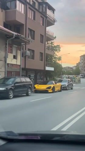 Yellow McLaren 720S spotted parked in Blagoevgrad at sunset