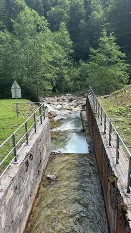 A fast-flowing mountain stream rushes through a man-made channel with concrete walls and metal railings on either side. The stream bed is rocky, and the water appears clear and turbulent. Lush green trees and vegetation surround the area, indicating a natural, wooded environment. A white sign is visible on the left side of the frame. There are no people or animals present.