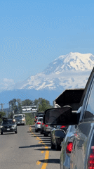 Fife traffic jam with Mount Rainier looming in the background