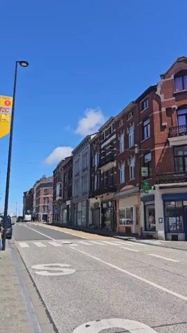 The video shows a street scene on a sunny day with a clear blue sky and some scattered clouds. The street is paved with asphalt and marked with white lines, indicating a road and a pedestrian crossing. On the right side of the street, there are several brick buildings with multiple floors, some of which house businesses. One building prominently displays a green cross and the word "PHARMACIE," indicating a pharmacy. In front of the pharmacy, a few people are visible. A white refrigerated truck with blue and white graphics is parked or slowly moving on the right side of the street. To the left of the street, there are more buildings of similar architecture, some with balconies. A street lamp is visible on the far left. A large, leafy tree stands on the sidewalk in front of one of the buildings. The overall impression is a commercial street in a European town.