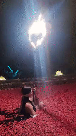 Blindfolded fire dancer performs nighttime show in Blahbatuh, Indonesia