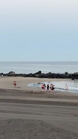 The video shows a wide shot of a beach on an overcast day. In the foreground, there are tire tracks in the dark sand. In the mid-ground, there is a group of people standing in shallow water near a rocky breakwater. A few other individuals are scattered on the sandy part of the beach. The ocean is calm and extends to the horizon, where it meets a pale, cloudless sky.