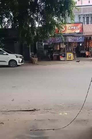 A medium shot captures a street scene in Gampongteungoh, Indonesia. The foreground is a dusty, paved road with some debris and a dark, possibly wire-like object running across it. In the middle ground, a white car is parked on the left side of the road. To the right of the car, a motorcycle with two passengers is in motion, traveling from left to right across the frame. The passenger in front is wearing a dark shirt, and the passenger behind is wearing a grey shirt. The motorcycle is red.

Behind the road is a row of shops. The shop on the far right has a red awning with white text that appears to say "APEL" in a circular logo. Below this, there are other signs with various text, some appearing to be "LA." Items are displayed outside the shops, suggesting a marketplace or retail area. Trees with dense green foliage overhang the scene from the left. A dark-colored animal, possibly a cat, is visible lying on the ground in front of one of the shops. The lighting suggests it is daytime, likely a bright day with no visible rain. The overall atmosphere appears to be casual and ordinary, depicting everyday street life.